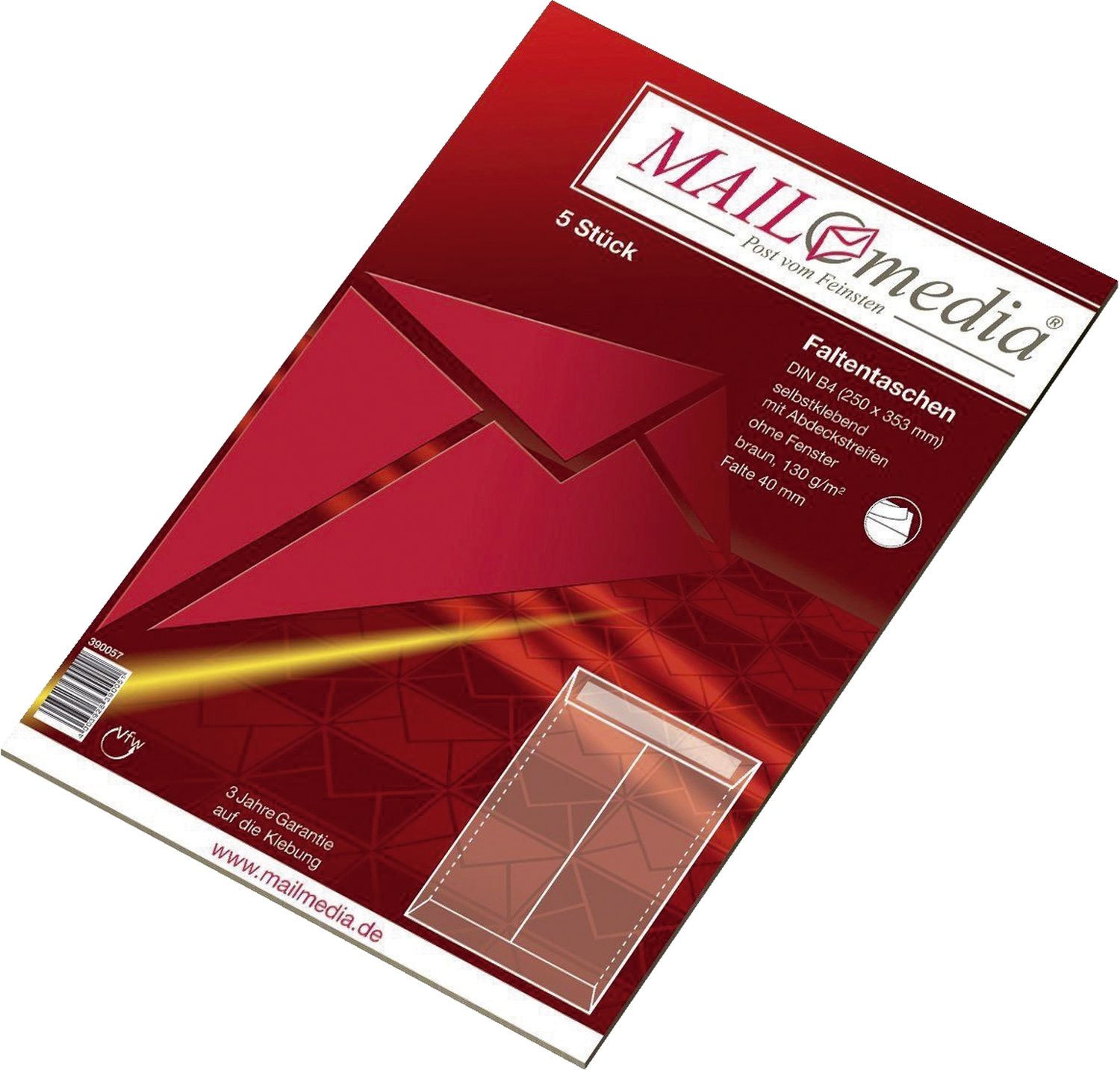 Faltentasche MAILmedia® 30002521, B4, Falte 40mm, haftklebend,m.Abdeckstr.,o.F.,braun,130 g,5 St.