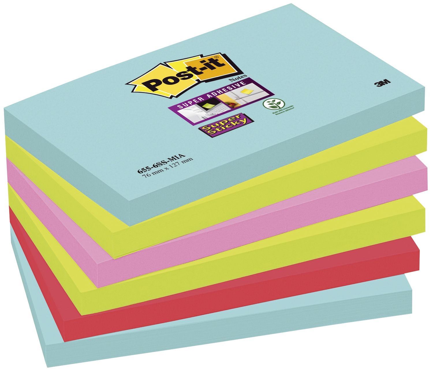 Haftnotiz Super Sticky Notes - 127 x 76 mm, 6x 90 Blatt