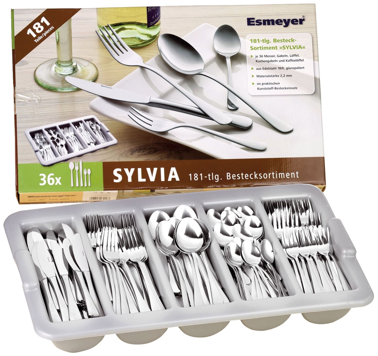 Sparset SYLVIA - Edelstahl 18/0, hochglanzpoliert, 181 Besteckteile für 36 Personen