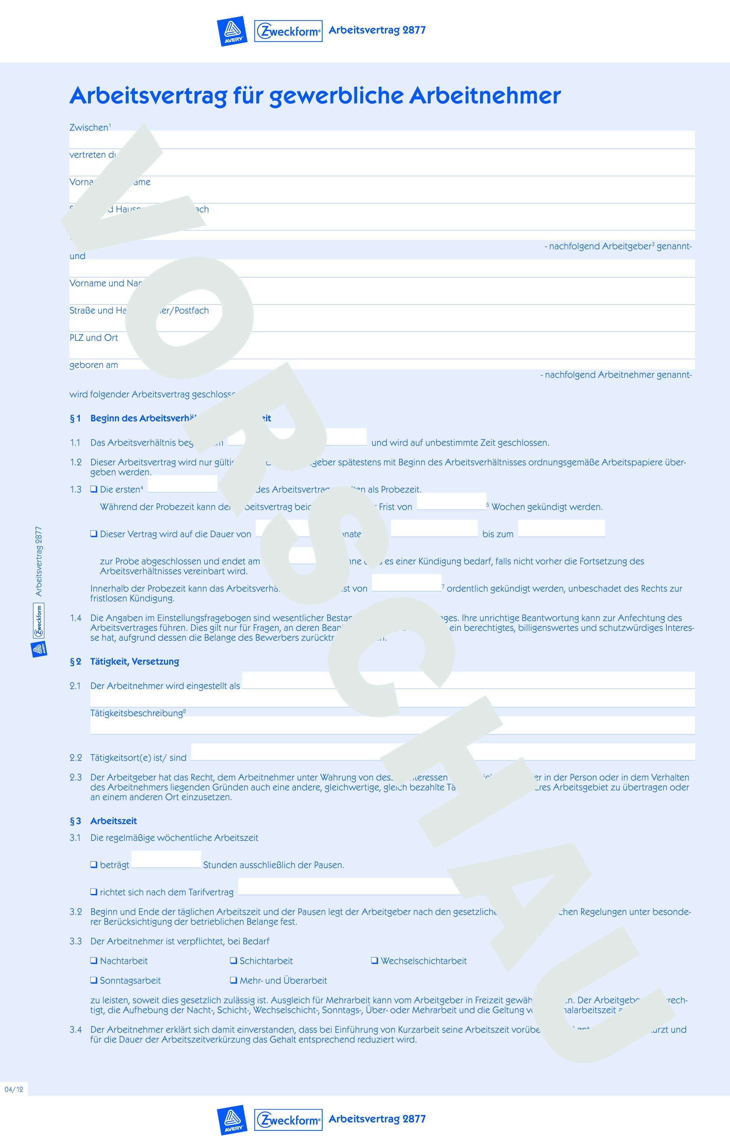 2877 Arbeitsvertrag, DIN A4, für gewerbl. Arbeitnehmer, 1 Satz/5 Stück, blau 2877 Arbeitsvertrag, DIN A4, für gewerbl. Arbeitnehmer, 1 Satz/5 Stück, blau