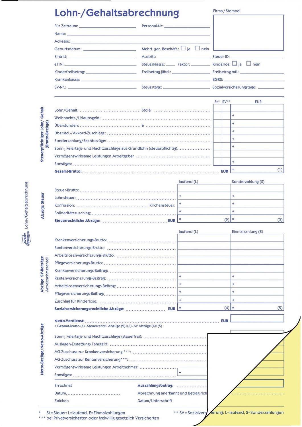1759 Lohn-/Gehaltsabrechnung, DIN A4, selbstdurchschreibend, 2 x 40 Blatt/10 Stück, weiß, gelb 1759 Lohn-/Gehaltsabrechnung, DIN A4, selbstdurchschreibend, 2 x 40 Blatt/10 Stück, weiß, gelb