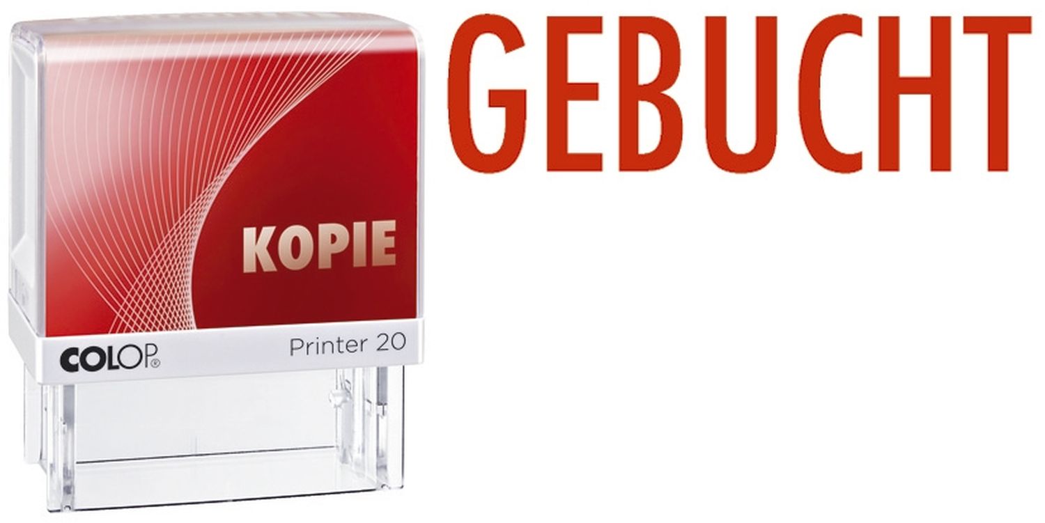Stempel 20L "GEBUCHT" - 38 x 14 mm, selbstfärbend, rot, 1-zeilig, Kunststoff Stempel 20L "GEBUCHT" - 38 x 14 mm, selbstfärbend, rot, 1-zeilig, Kunststoff