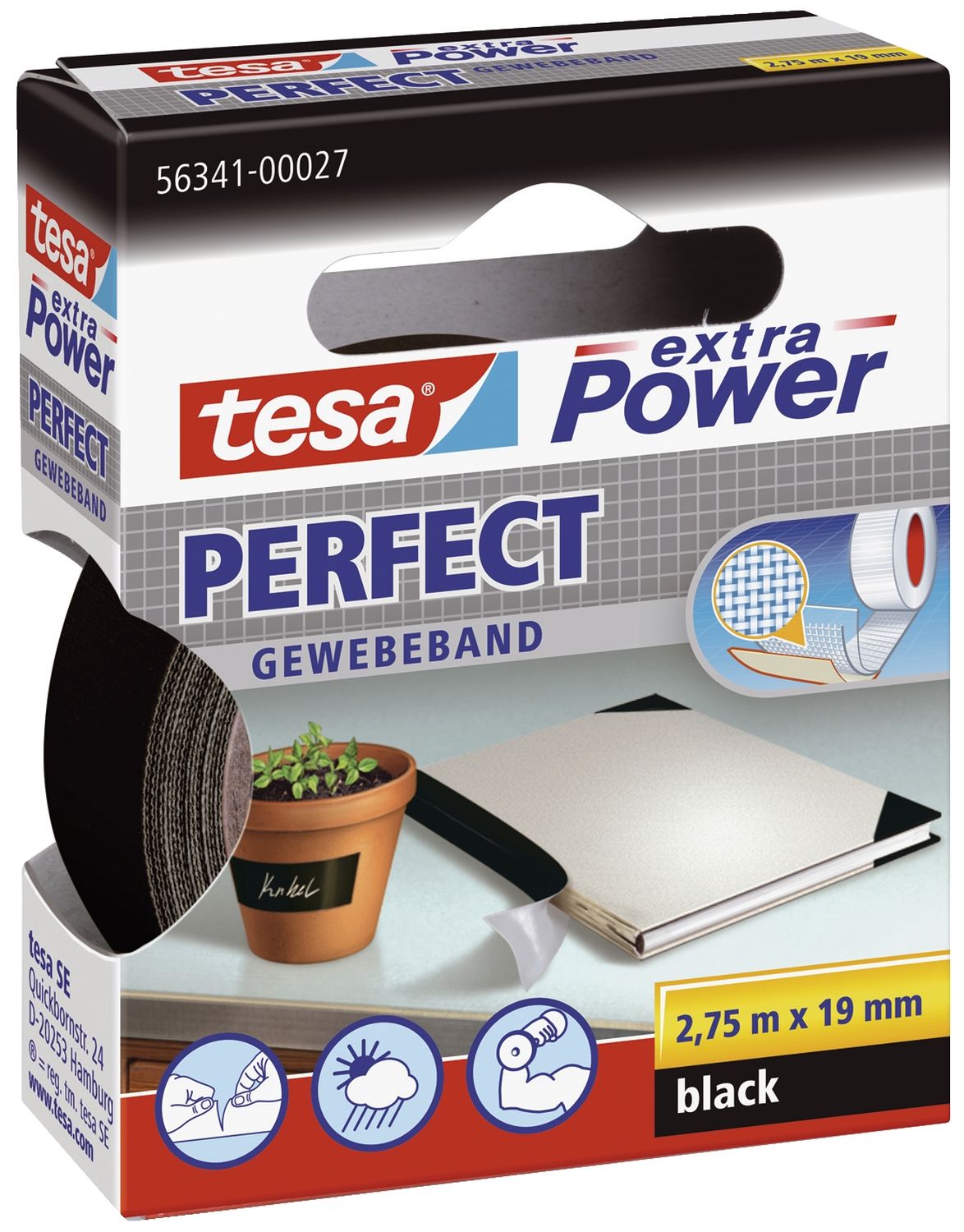 Gewebeklebeband extra Power Perfect - 2,75 m x 19 mm, schwarz Gewebeklebeband extra Power Perfect - 2,75 m x 19 mm, schwarz