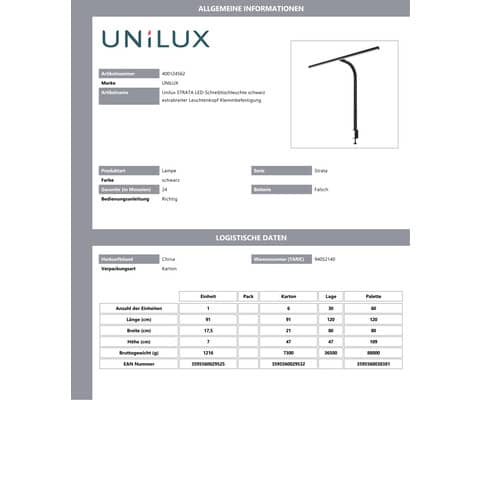 Schreibtischlampe Unilux Strata 400124562, mit Klemmfuß, LED, dimmbar, 2046 Lumen, 19 Watt, schwarz