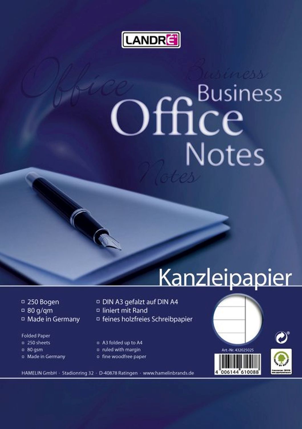 Kanzleipapier Landé Office 100050622, DIN A3 auf A4, 80 g/qm, liniert mit weißem Rand, 250 Blatt