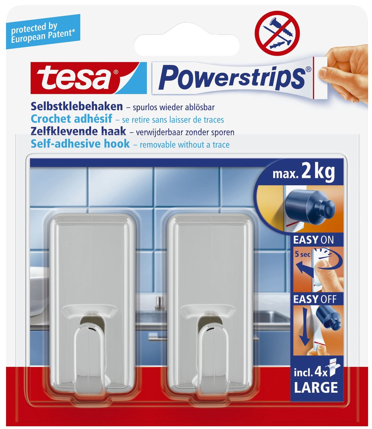 Powerstrips® Systemhaken - ablösbar, classic, Tragfähigkeit 2 kg, chrom