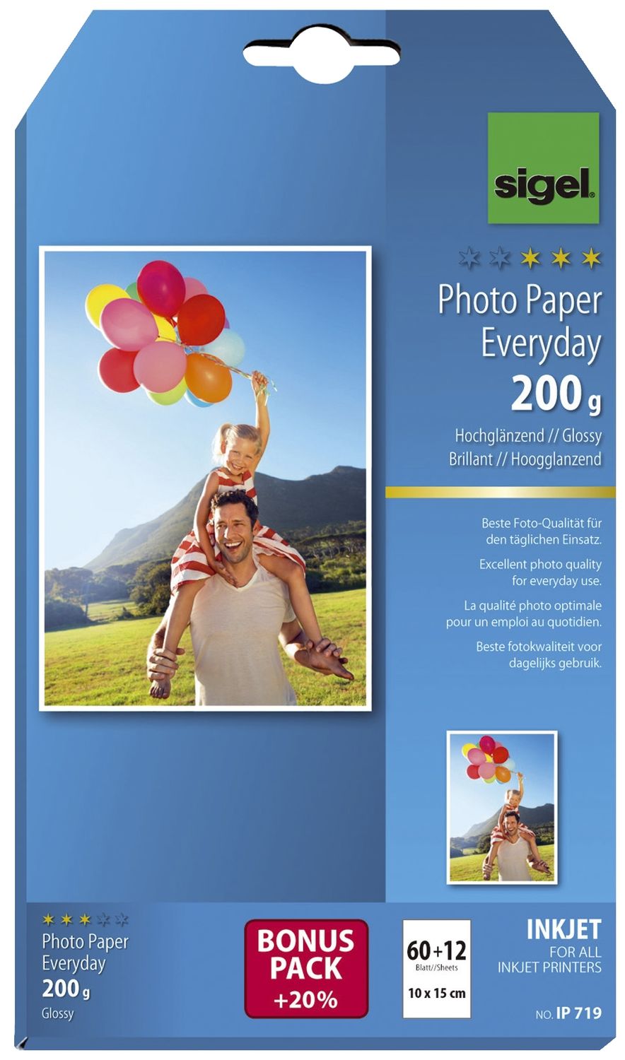 Fotopapier Photo Paper Everyday IP719, 10 x 15 cm, weiß, hochglänzend, 200 g/qm, 60 x 12 Blatt für Inkjetdrucker