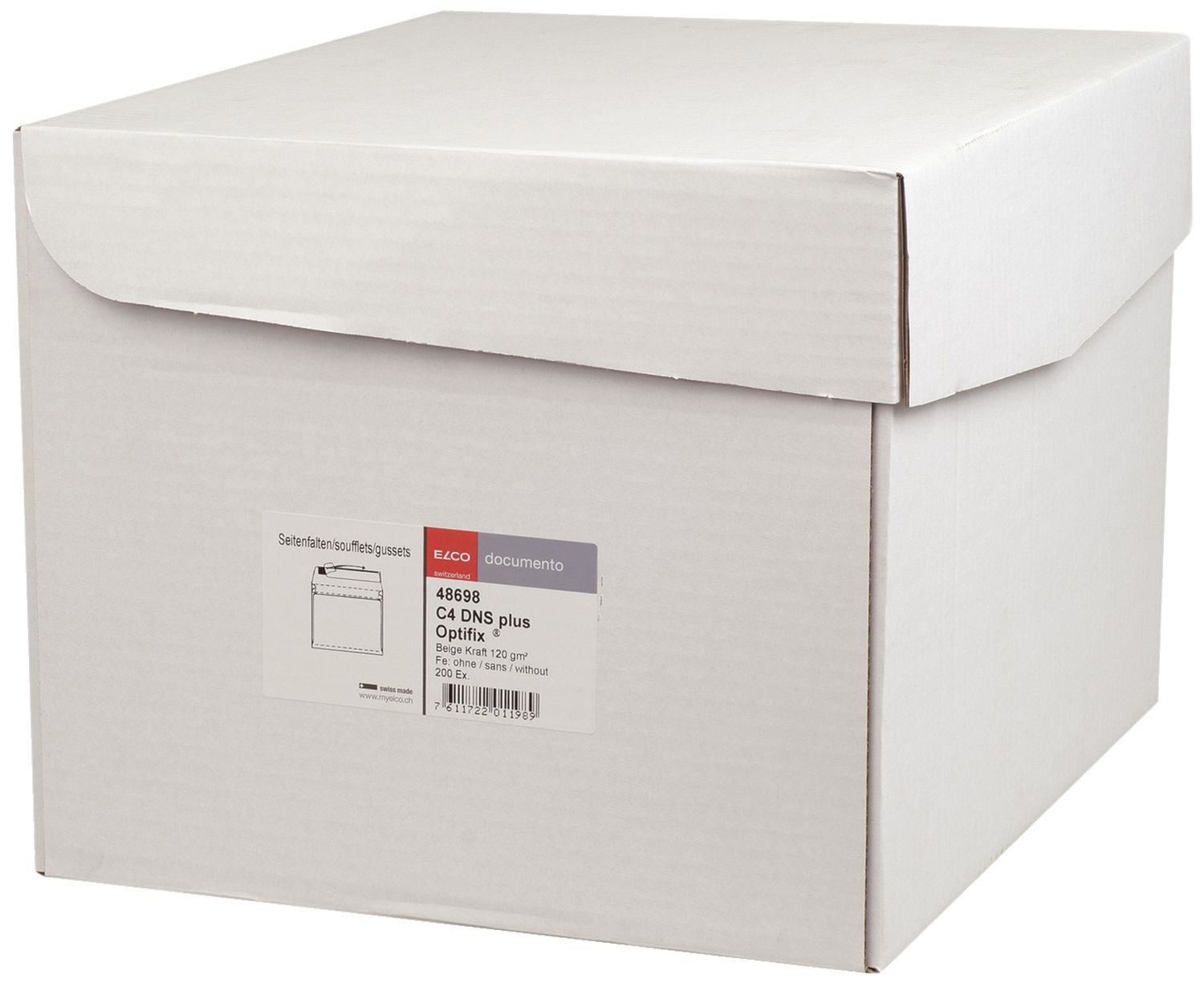 Faltentasche Office Elco 48698, C4, weiß, 20 mm Falte, haftklebend, ohne Fenster, 120 g/qm, 200 Stück in Box mit Deckel Faltentasche Office Elco 48698, C4, weiß, 20 mm Falte, haftklebend, ohne Fenster, 120 g/qm, 200 Stück in Box mit Deckel