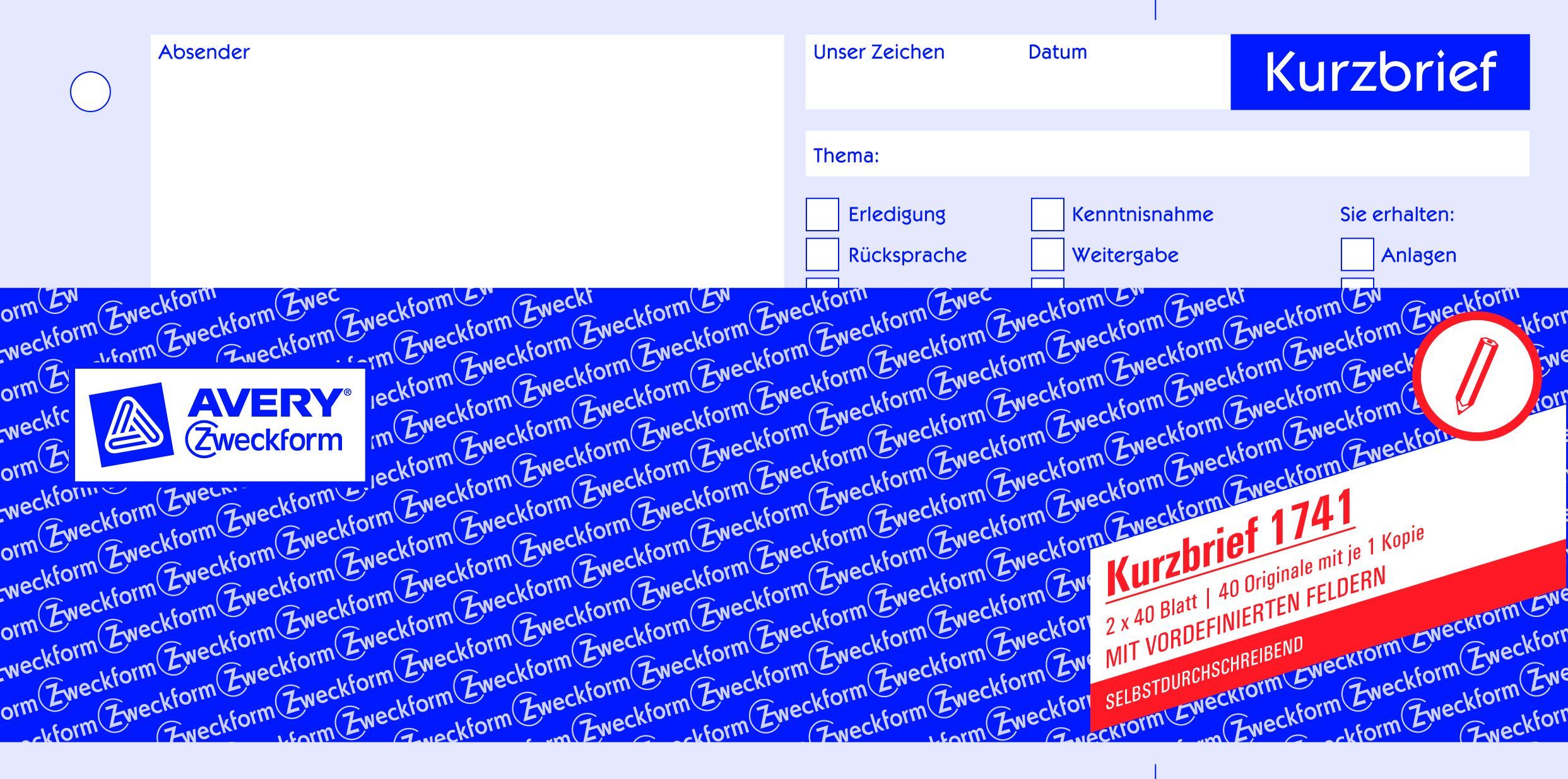 1741 Kurzbrief, DIN A4 (1/3), selbstdurchschreibend, 2 x 40 Blatt, weiß, gelb 1741 Kurzbrief, DIN A4 (1/3), selbstdurchschreibend, 2 x 40 Blatt, weiß, gelb