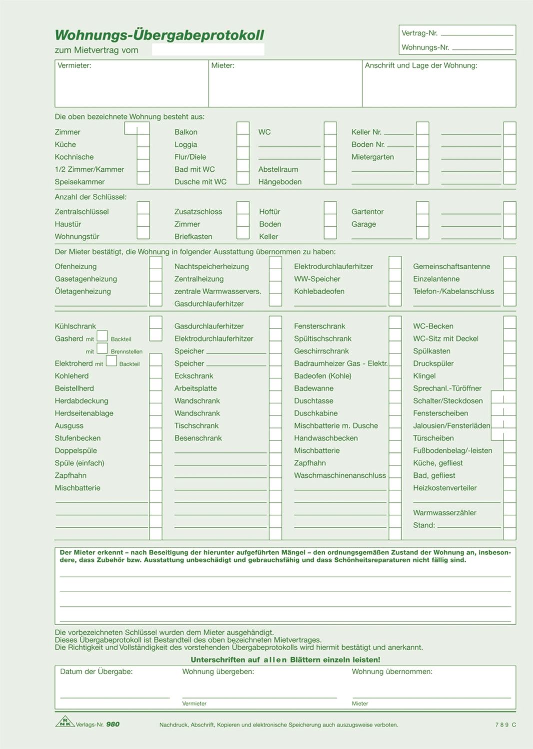 Wohnungs-Übergabeprotokoll - SD, 1 x 3 Blatt, DIN A4