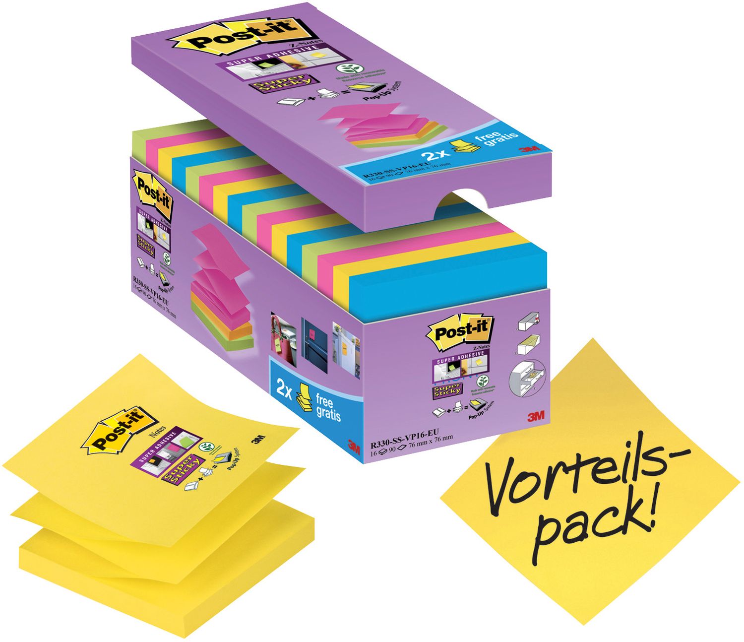 Haftnotiz Super Sticky Notes - 76 x 76 mm, 14+2 x 90 Blatt, sortiert Haftnotiz Super Sticky Notes - 76 x 76 mm, 14+2 x 90 Blatt, sortiert