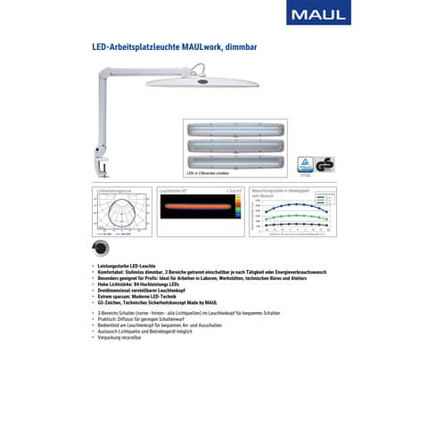 Schreibtischlampe Maul MAULwork 8205202, mit Tischklemme, LED, dimmbar, 15 Watt, weiß
