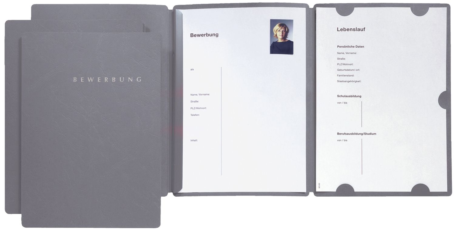 Bewerbungsmappe Select - grau, 3-teilig, Klemmschiene und Halbmondstanzung Bewerbungsmappe Select - grau, 3-teilig, Klemmschiene und Halbmondstanzung