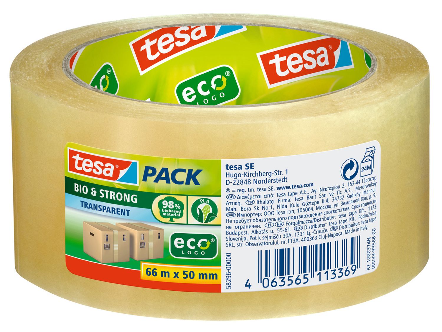 Packband tesa® Bio & Strong 58296, 98% biobasiertem Material, 50 mm x 66 m,transparent, leise abrollend