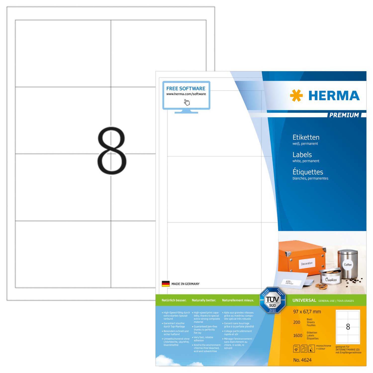 4624 Etiketten Premium - 96,5 x 67,7 mm, weiß, matt, 1600 Stück