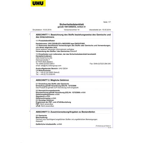 Doppelseitiges Klebeband UHU Doppelklebeband Stark 46855, 19 mm x 1,5 m, stark, weiß, 1 Rolle