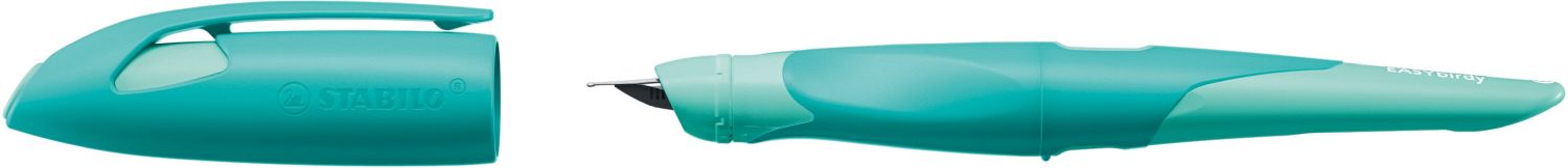 Ergonomischer Schulfüller für Rechtshänder mit Anfänger-Feder A - EASYbirdy Pastel Edition in aqua grün/mint - Einzelstift - inklusive Patrone - Schreibfarbe blau (löschbar)