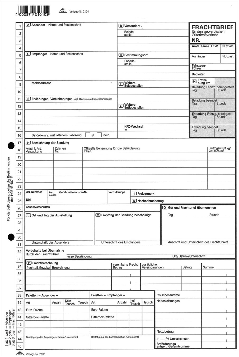 Frachtbrief für den gewerblichen Güterkraftverkehr - SD, 1 x 3 Blatt, DIN A4 Frachtbrief für den gewerblichen Güterkraftverkehr - SD, 1 x 3 Blatt, DIN A4