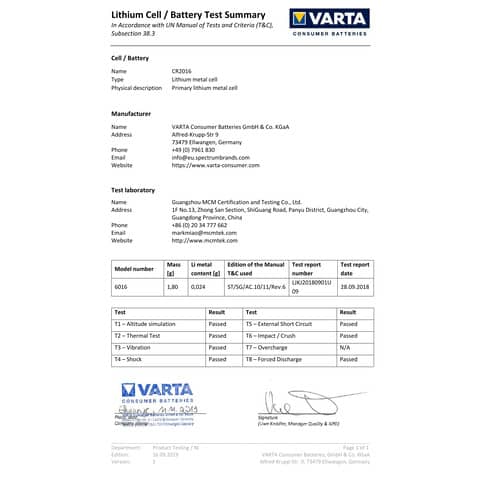 Knopfzelle Varta 6016, CR2016, 3 V, 4 Stück
