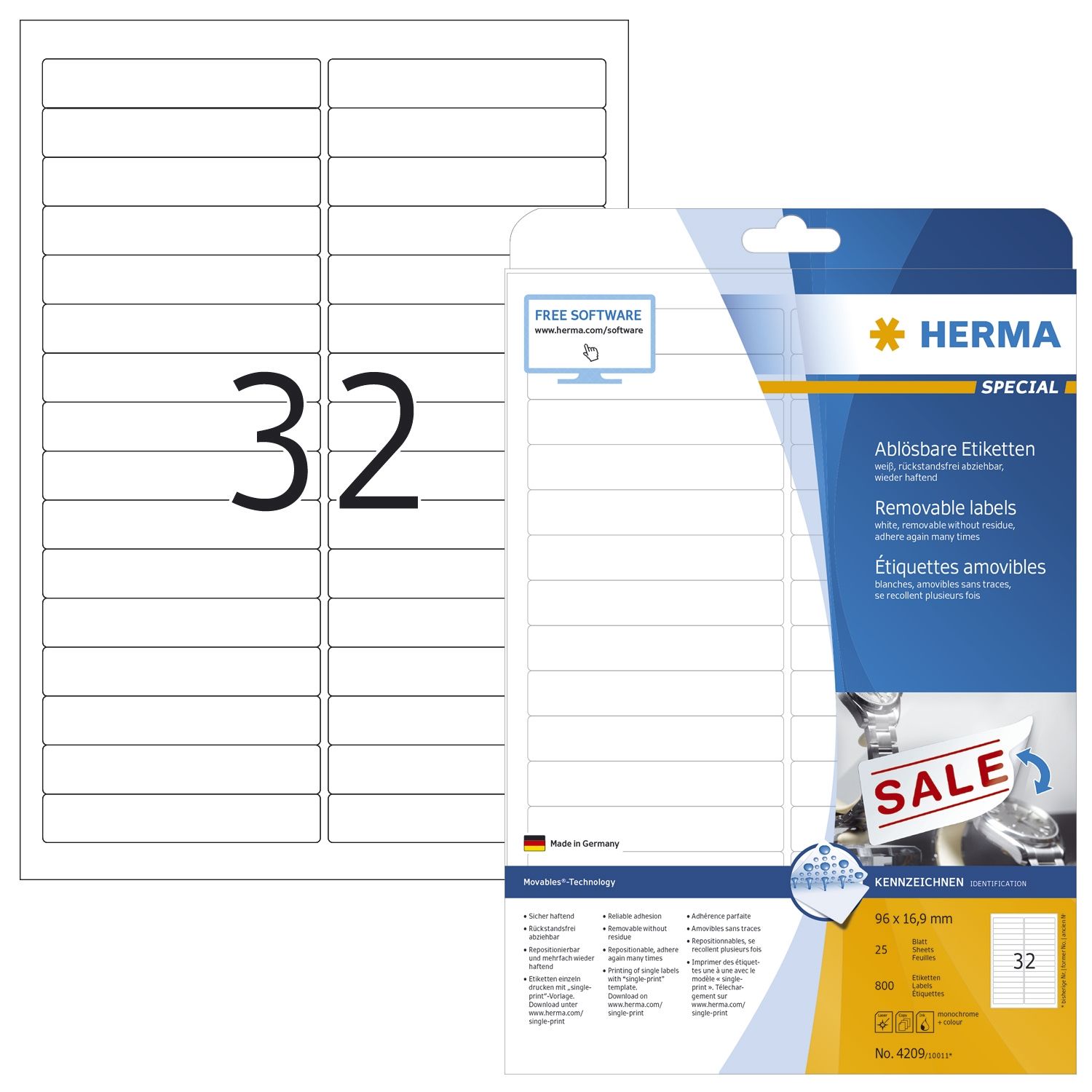 4209 Etiketten A4 weiß 96x16,9 mm Movables/ablösbar Papier matt 800 St.