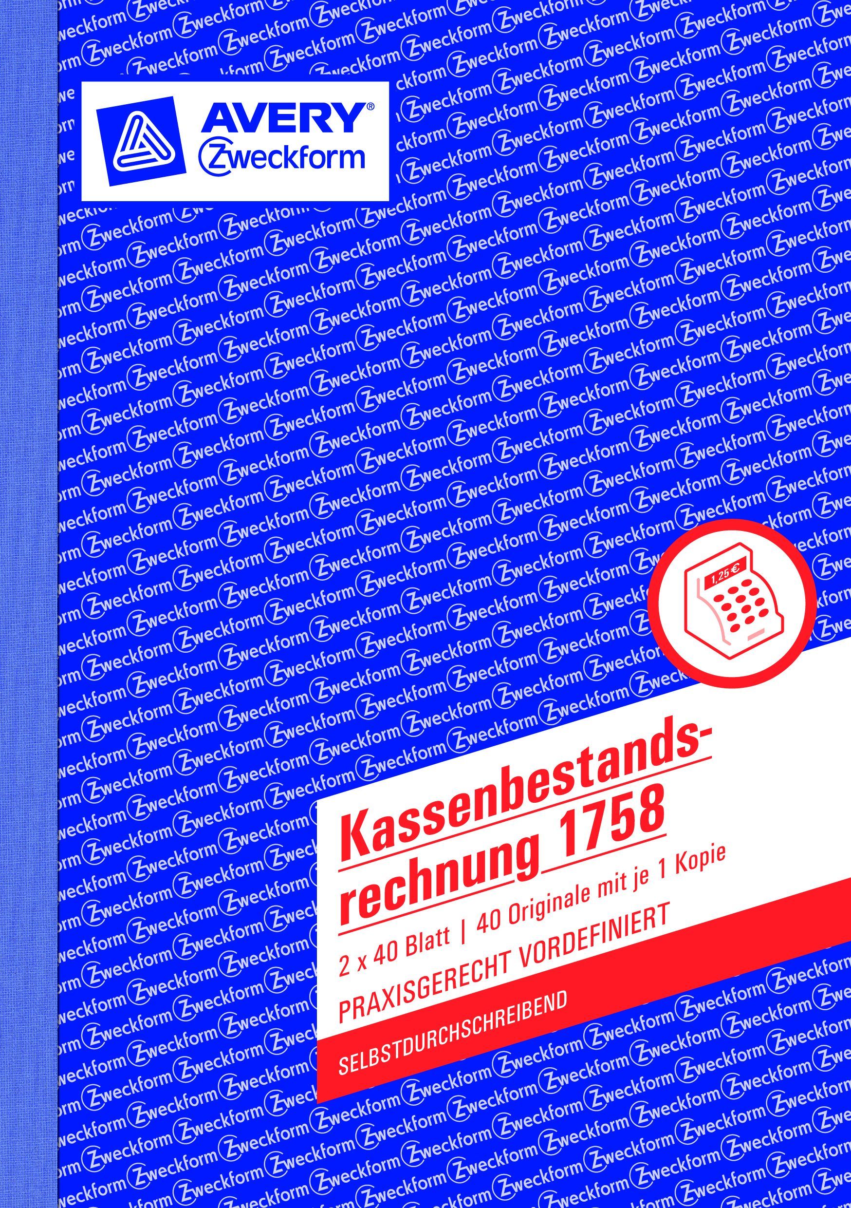 1758 Kassenbestandsrechnung, DIN A5, selbstdurchschreibend, 2 x 40 Blatt, weiß, gelb 1758 Kassenbestandsrechnung, DIN A5, selbstdurchschreibend, 2 x 40 Blatt, weiß, gelb