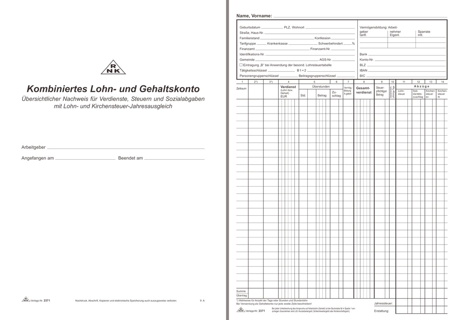 Kombiniertes Lohn- und Gehaltskonto - Buch, 40 Seiten, DIN A4 Kombiniertes Lohn- und Gehaltskonto - Buch, 40 Seiten, DIN A4