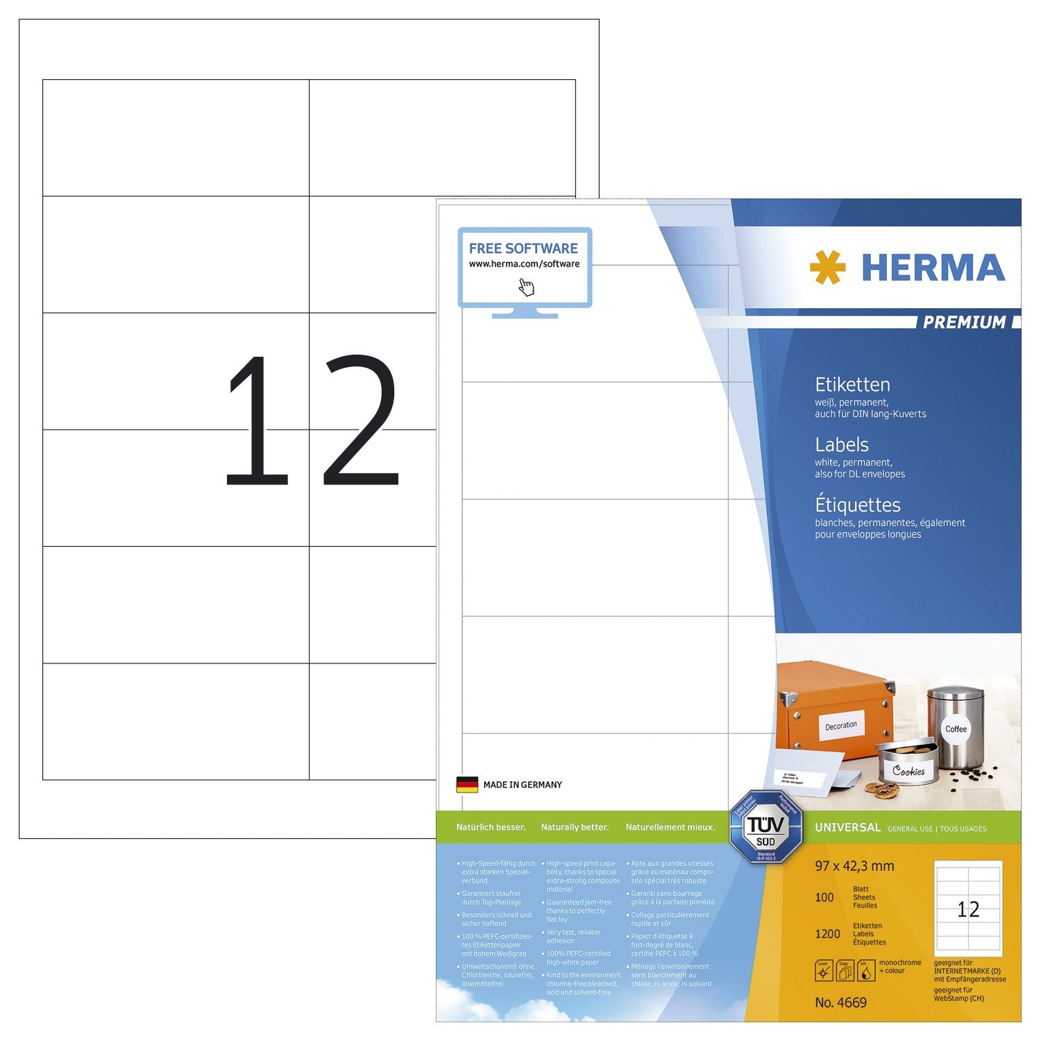 4669 Etiketten Premium A4, weiß 97x42,3 mm Papier matt 1200 St.