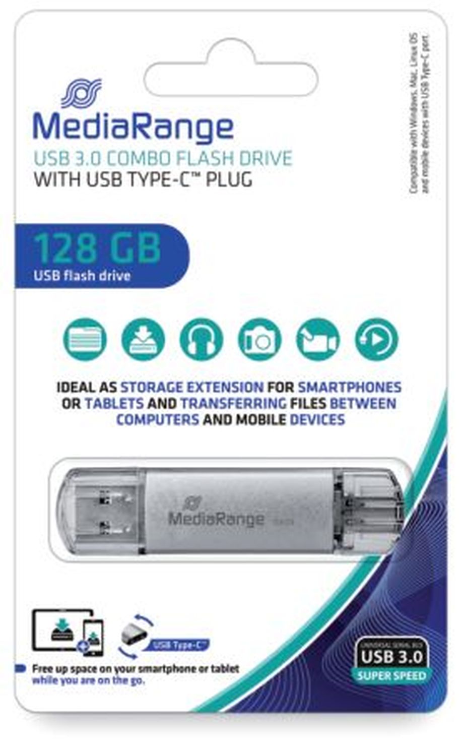 USB Stick 3.0 - 128 GB, Kombo-Stick mit USB Type-C Stecker, silber