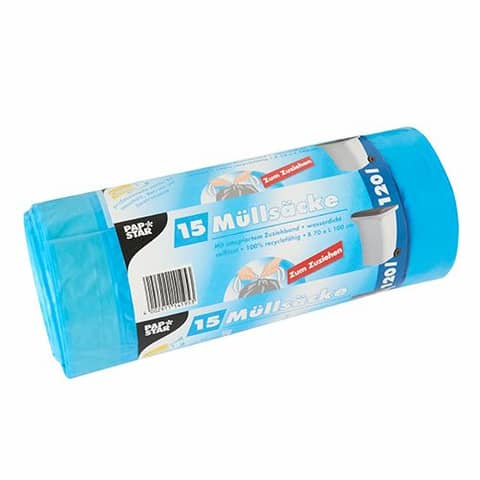Müllsäcke Paptsar 14195 mit Zugband, 120 Liter, 25 my, 15 Stück, blau