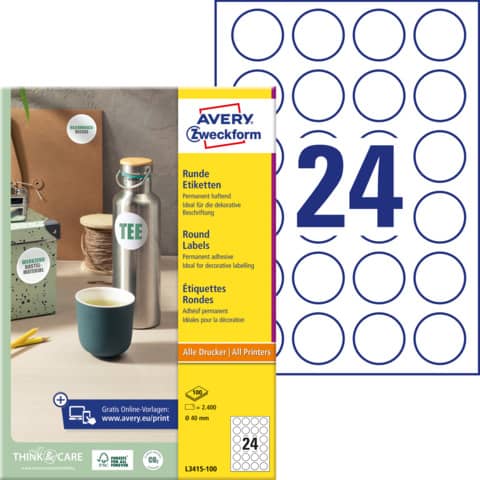 Universaletiketten Avery Zweckform L3415-100, Ø 40 mm, weiß, 100 Blatt mit 2400 Etiketten, permanent
