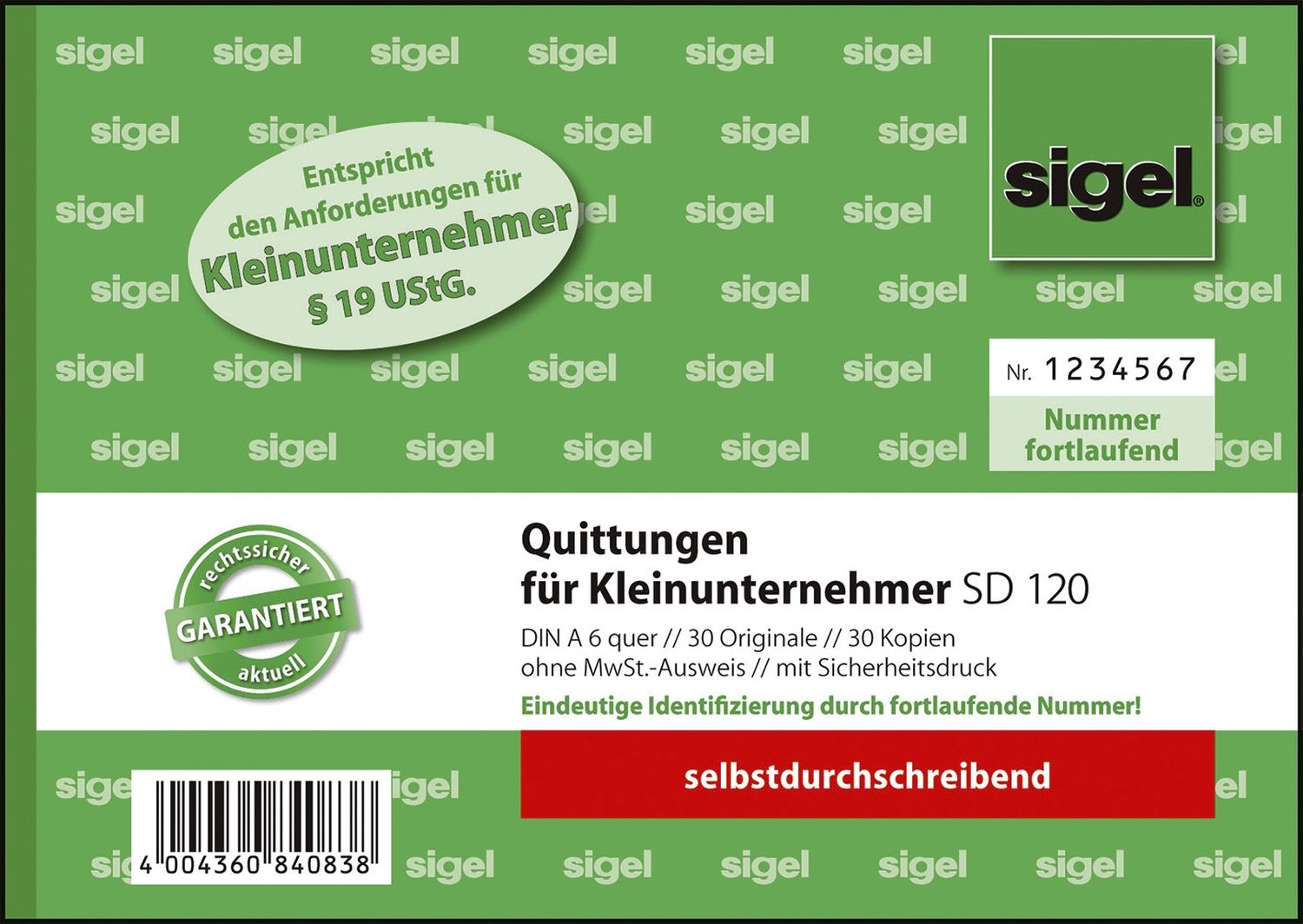 Quittung für Kleinunternehmer ohne MwSt.-Ausweis - A6, MP, SD, 2 x 30 Blatt