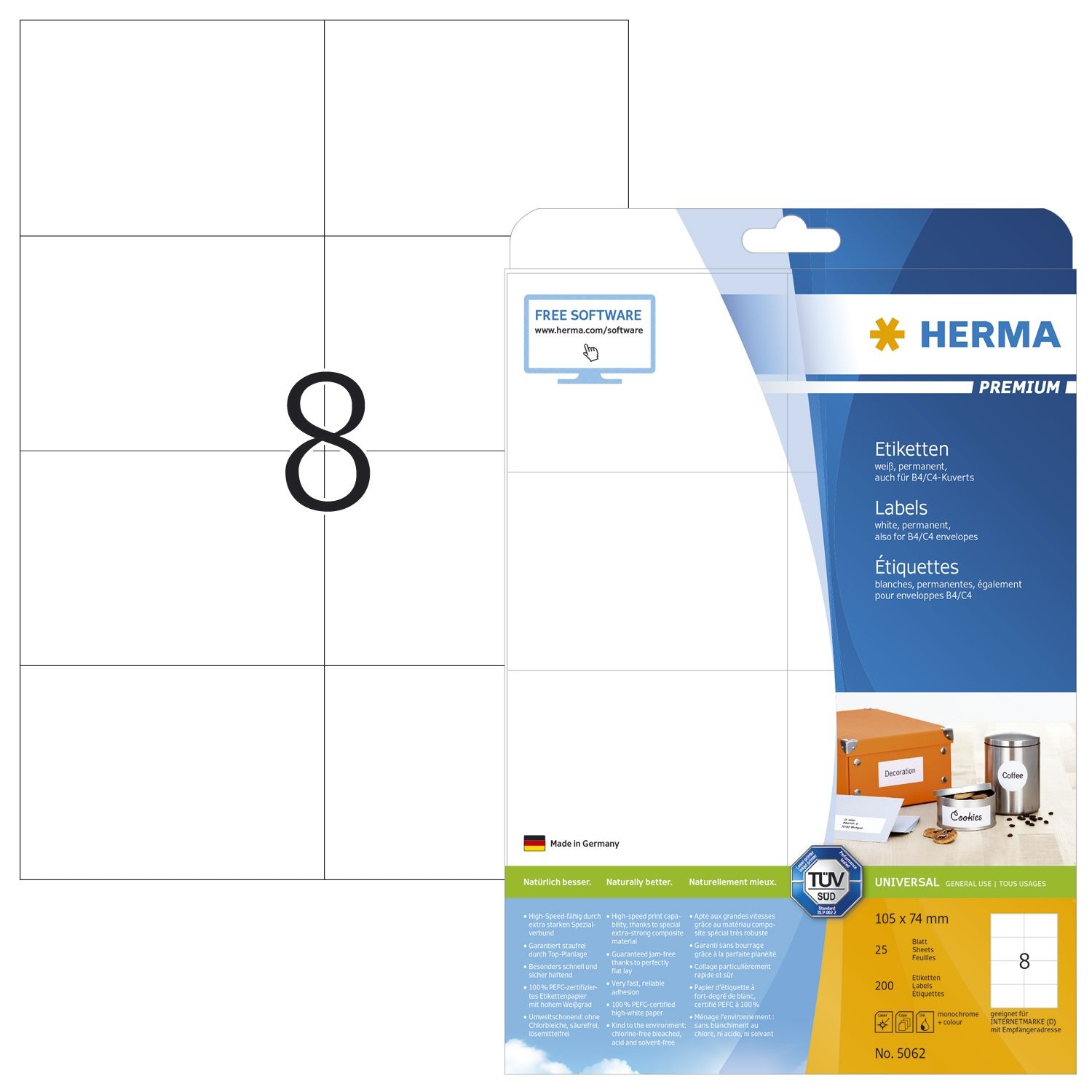 5062 Etiketten Premium A4, weiß 105x74 mm Papier matt 200 St.