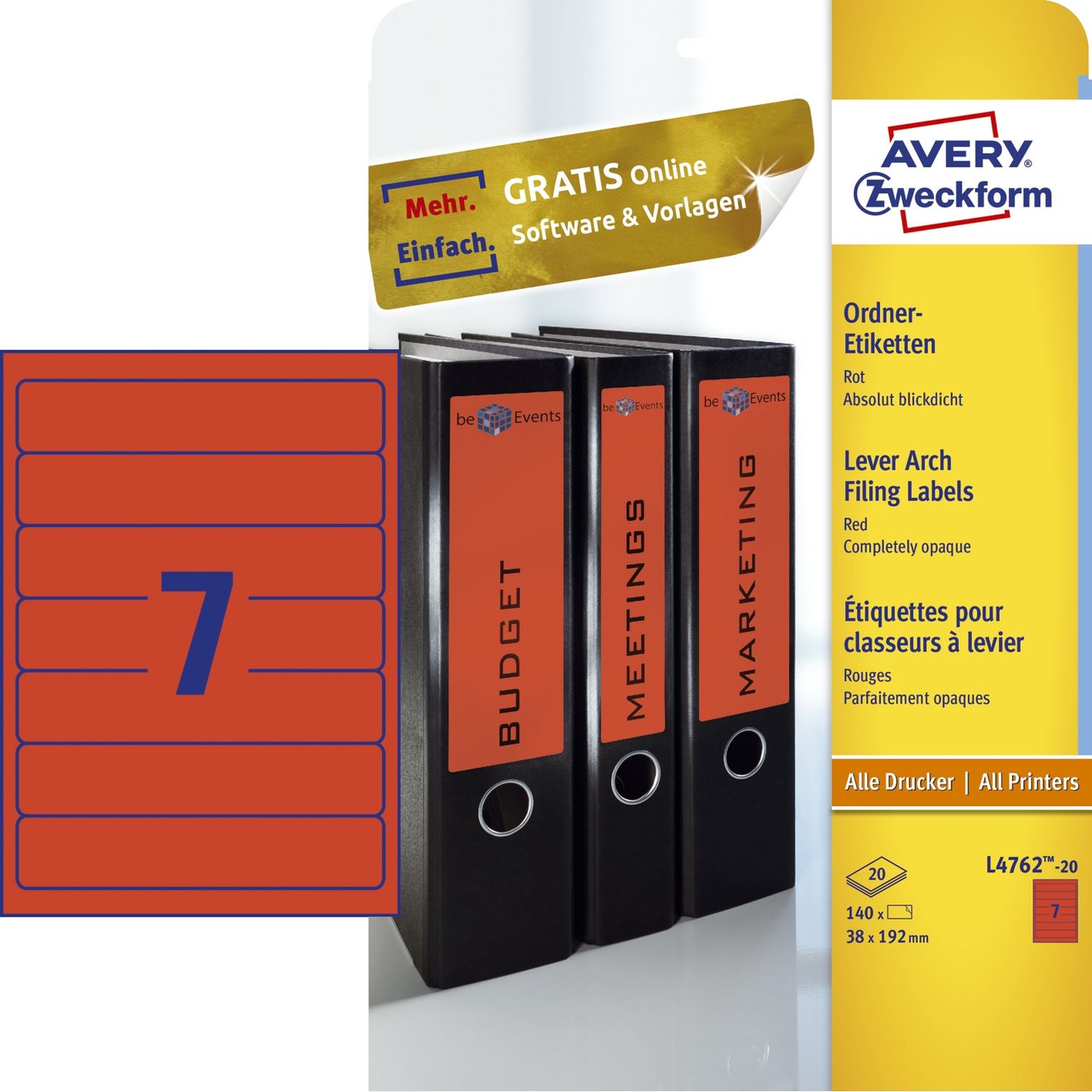 Rückenschilder farbig Avery Zweckform L4762-20 PC-beschriftbar, schmal/kurz 38 x 192 mm, 20 Bogen/140 Etiketten, rot