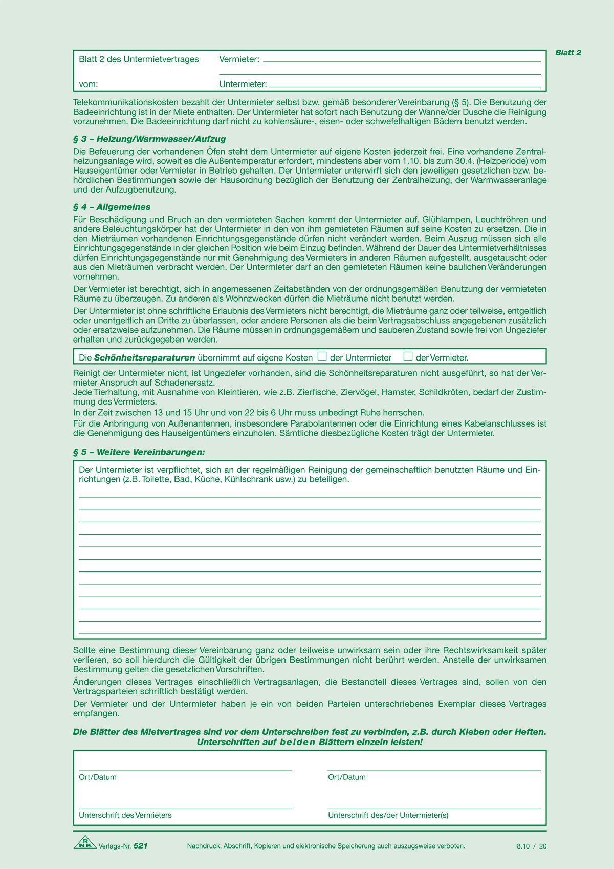 Untermietvertrag für Wohnräume - SD, 2 x 2 Blatt, DIN A4 Untermietvertrag für Wohnräume - SD, 2 x 2 Blatt, DIN A4