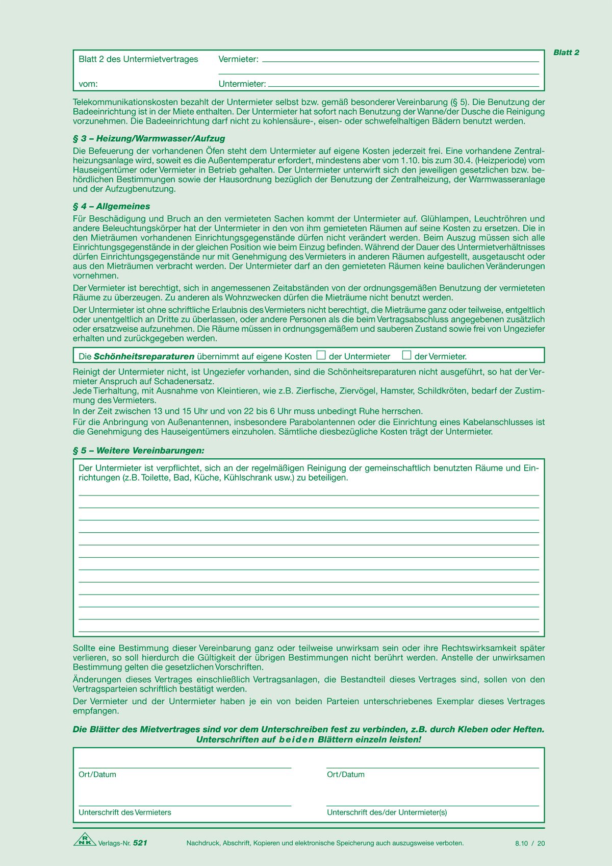 Untermietvertrag für Wohnräume - SD, 2 x 2 Blatt, DIN A4