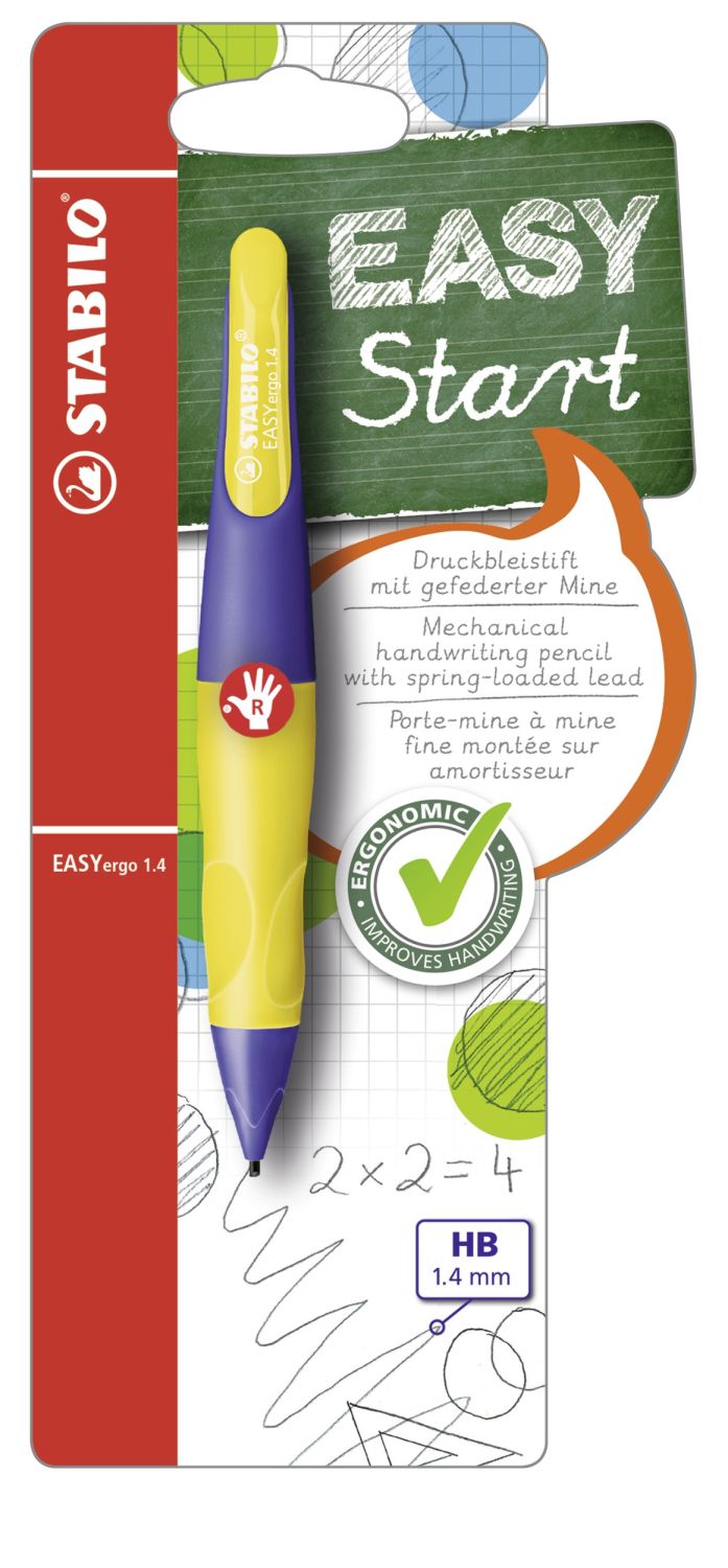 Ergonomischer Druck-Bleistift für Rechtshänder - EASYergo 1.4 in violett/neongelb - Einzelstift - inklusive 3 dünner Minen - Härtegrad HB Ergonomischer Druck-Bleistift für Rechtshänder - EASYergo 1.4 in violett/neongelb - Einzelstift - inklusive 3 dünner Minen - Härtegrad HB
