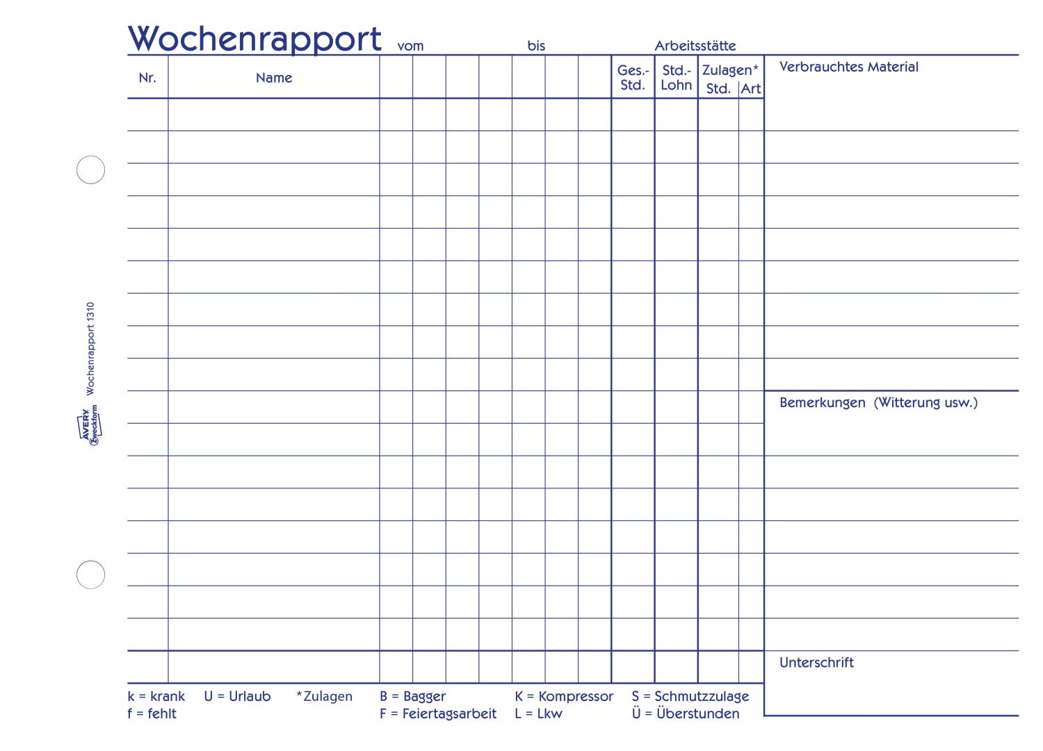 1310 Wochenrapport, DIN A5 quer, vorgelocht, 100 Blatt, weiß 1310 Wochenrapport, DIN A5 quer, vorgelocht, 100 Blatt, weiß