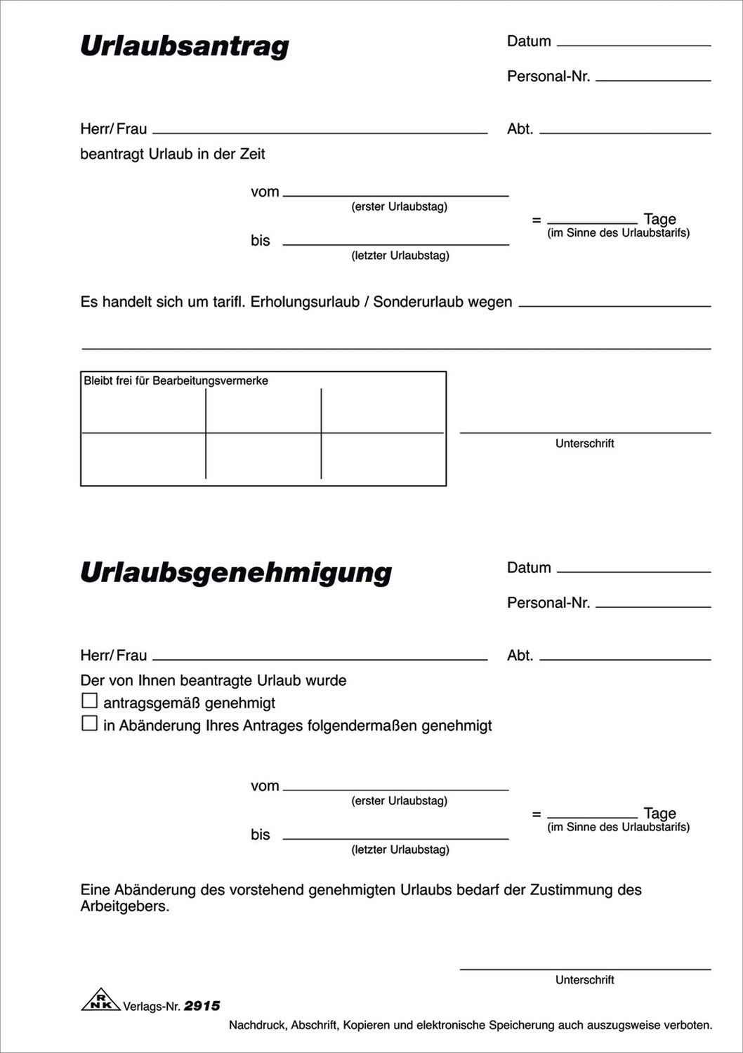 Urlaubsantrag - Block, 50 Blatt, DIN A5