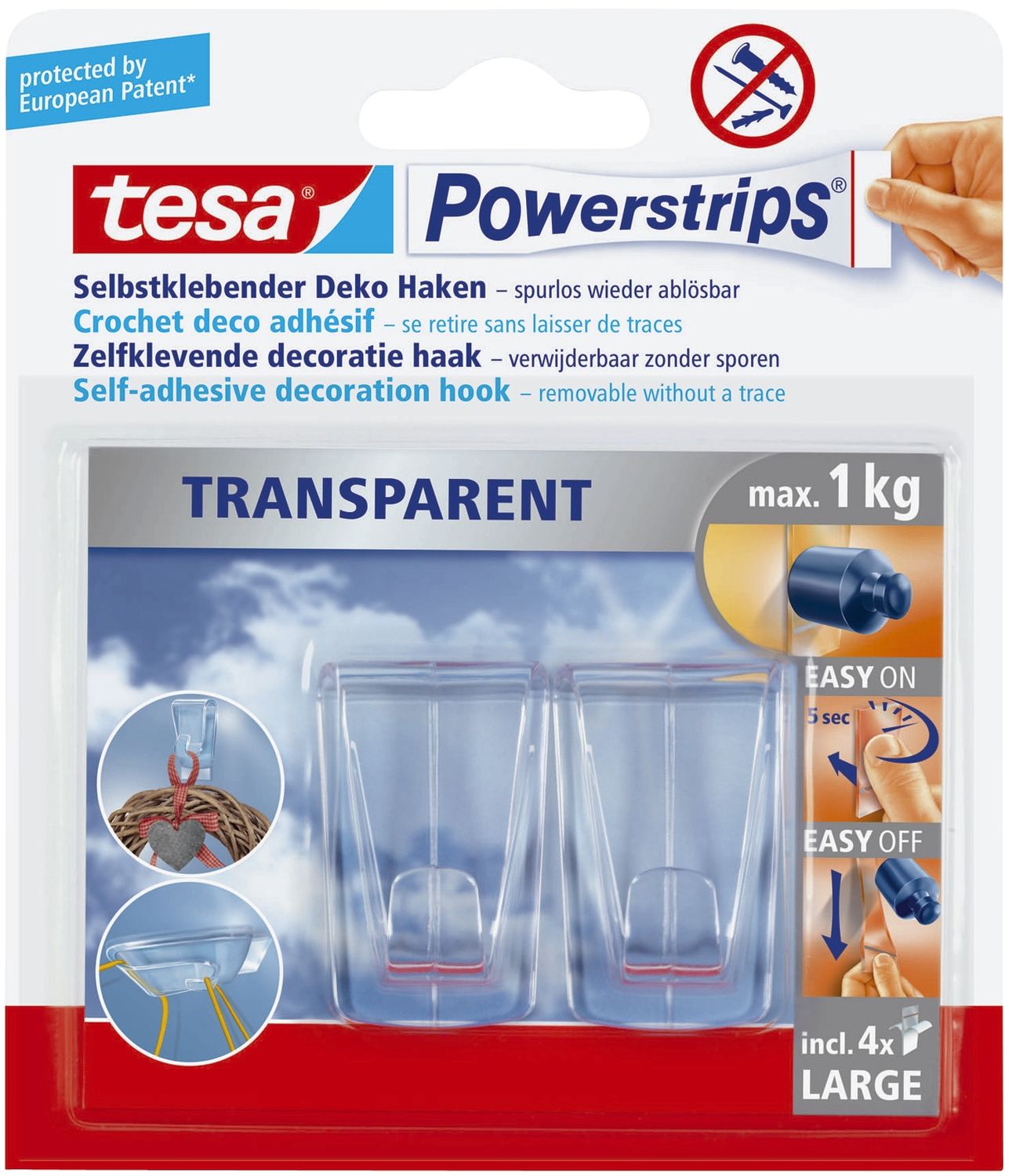 Powerstrips® Deco-Haken XL - ablösbar, Tragfähigkeit 1 kg, transparent