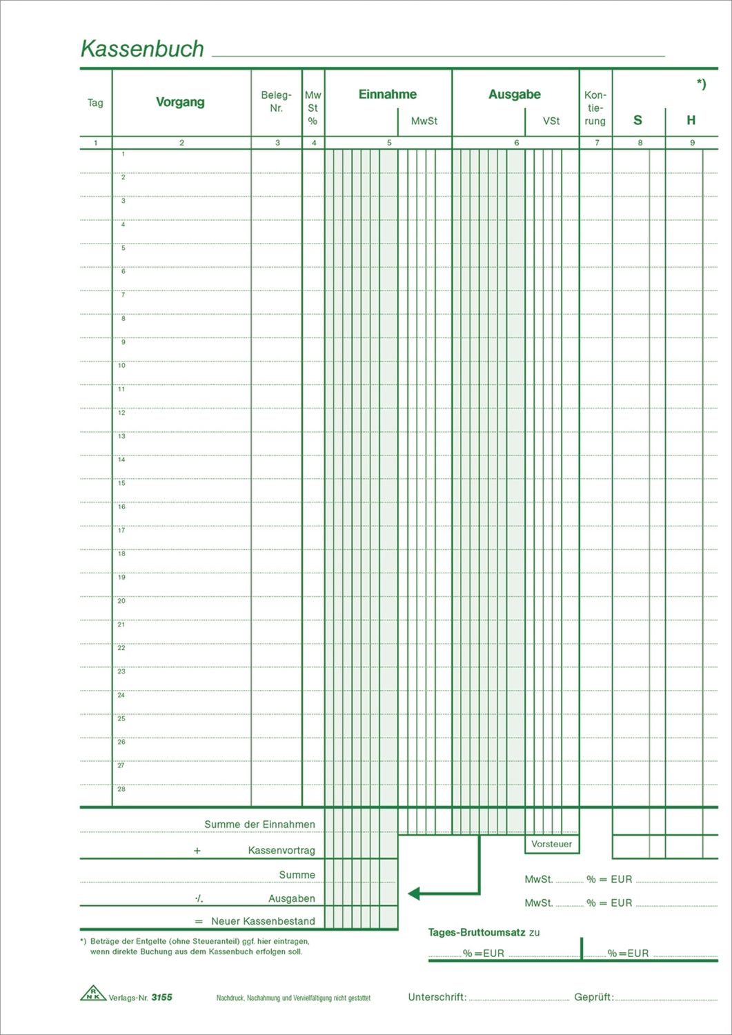 Kassenbuch - mit Umsatzsteuererfassung - SD, 2 x 40 Blatt, DIN A4 Kassenbuch - mit Umsatzsteuererfassung - SD, 2 x 40 Blatt, DIN A4