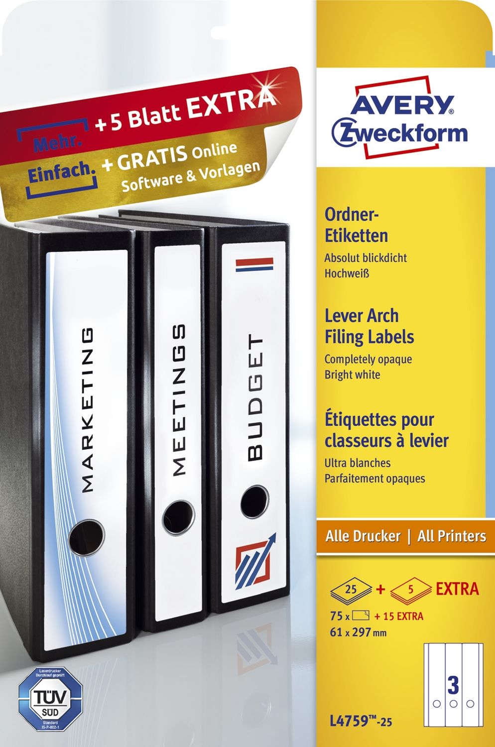 Rückenschild Avery Zweckform L4759-25 PC-beschriftbar, breit/lang 61 x 297 mm, 30 Bogen/90 Etiketten, weiß