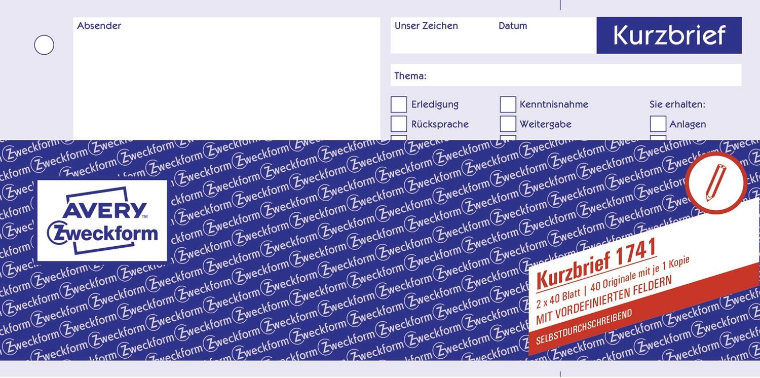 1741 Kurzbrief, DIN A4 (1/3), selbstdurchschreibend, 2 x 40 Blatt, weiß, gelb 1741 Kurzbrief, DIN A4 (1/3), selbstdurchschreibend, 2 x 40 Blatt, weiß, gelb