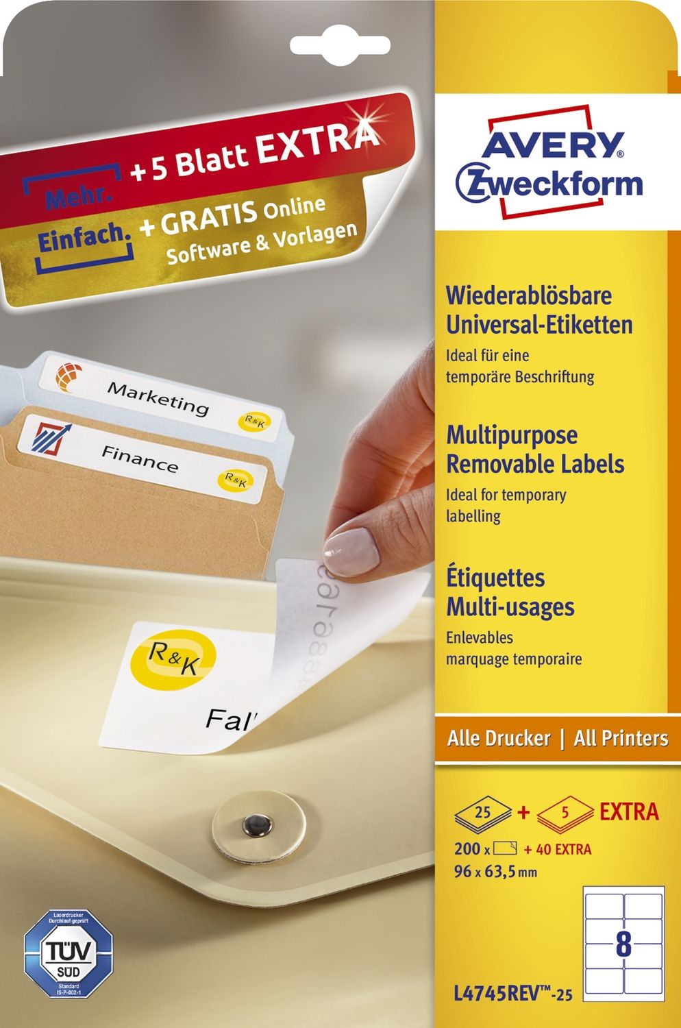 L4745REV-25 Universal-Etiketten - 96 x 63,5 mm, weiß, 240 Etiketten/30 Blatt, wiederablösbar