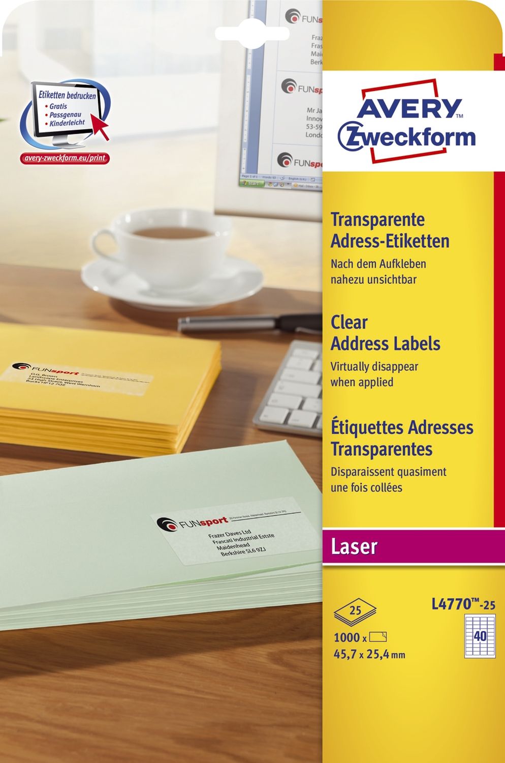 L4770-25 Adress-Etiketten (A4, 1.000 Stück, 45,7 x 25,4 mm) 25 Blatt transparent L4770-25 Adress-Etiketten (A4, 1.000 Stück, 45,7 x 25,4 mm) 25 Blatt transparent