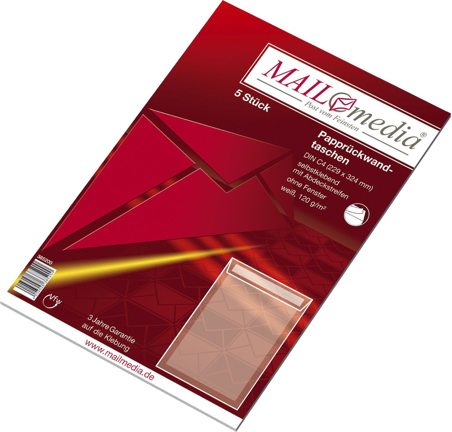 Papprückwandtaschen MAILmedia® 30002505, C4, ohne Fenster, 120 g/qm, weiß, 5 Stück Papprückwandtaschen MAILmedia® 30002505, C4, ohne Fenster, 120 g/qm, weiß, 5 Stück