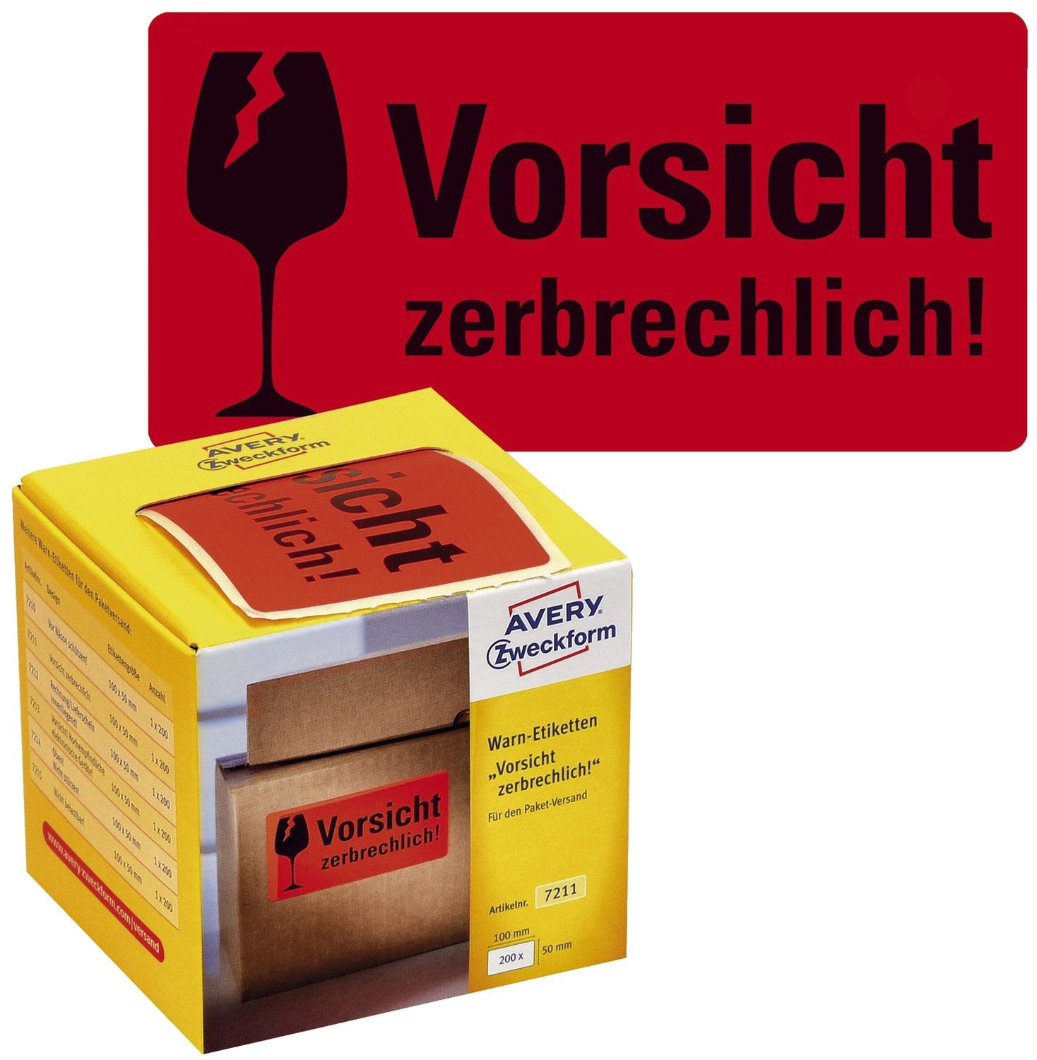7211 Warnetiketten "Vorsicht zerbrechlich!" - 200 Stück im Spender