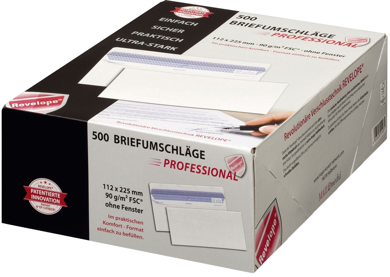 Briefumschlag Revelope® 30051799 - 112 x 225 mm, o. Fenster, weiß, 90 g/qm, Innendruck, Revelope-Klebung, 500 Stück Briefumschlag Revelope® 30051799 - 112 x 225 mm, o. Fenster, weiß, 90 g/qm, Innendruck, Revelope-Klebung, 500 Stück