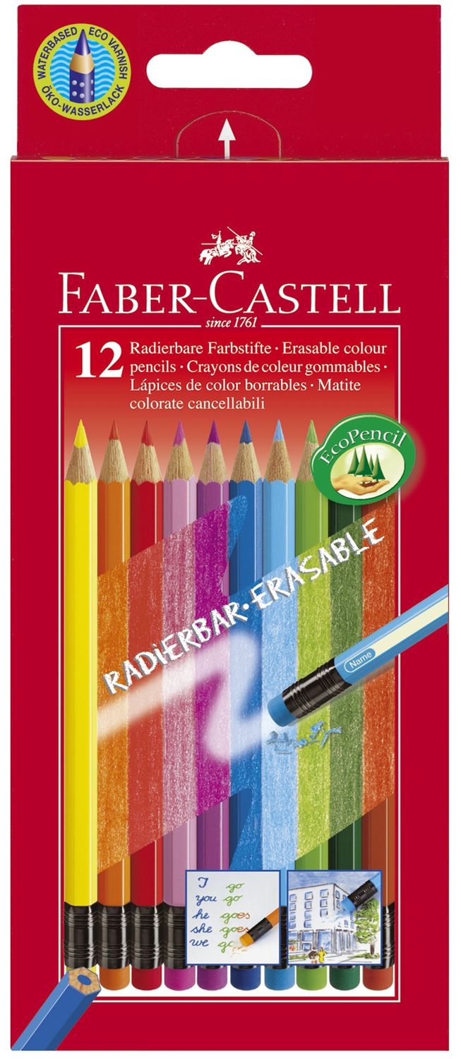 Buntstift Radierbare - 12 Farben sortiert mit Radiergummi, Kartonetui