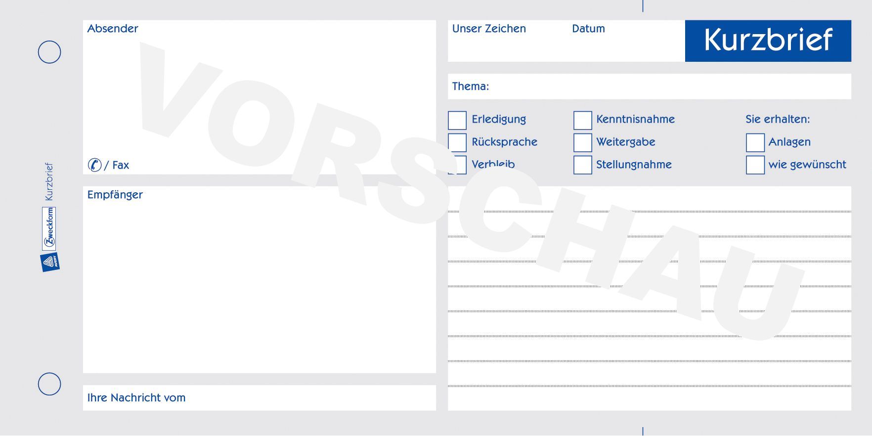 1020 Kurzbrief, DIN A4 (1/3), vorgelocht, 100 Blatt, weiß 1020 Kurzbrief, DIN A4 (1/3), vorgelocht, 100 Blatt, weiß