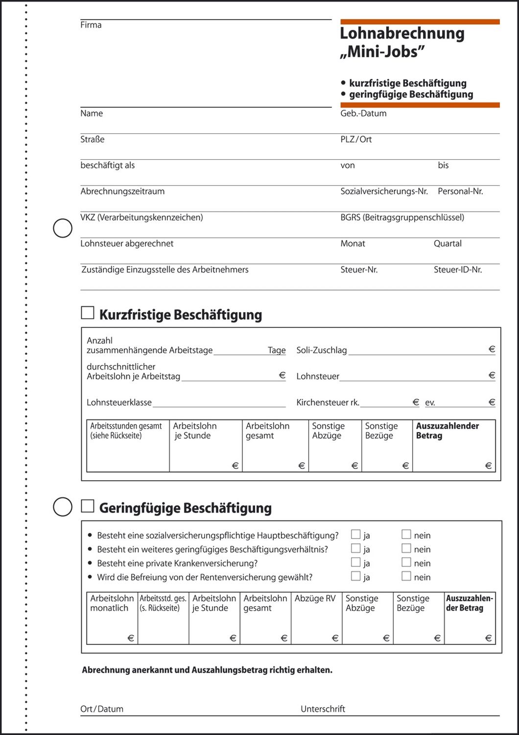 Lohnabrechnungen "Mini-Jobs" - A5, 50 Blatt